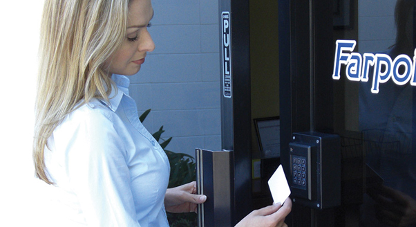 Access control reader and credential used at a front entrance
